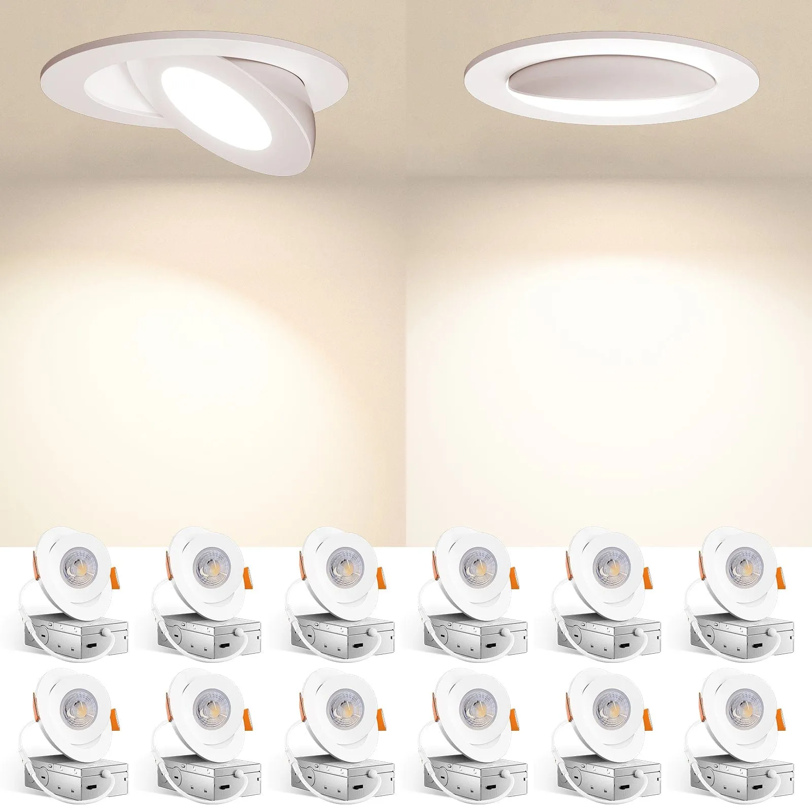 12 Pack 4-Inch White Dimmable Recessed Eyeballl Downlight, 5CCT 2700K/3000K/3500K/4000K/5000K, 9W, 700LM