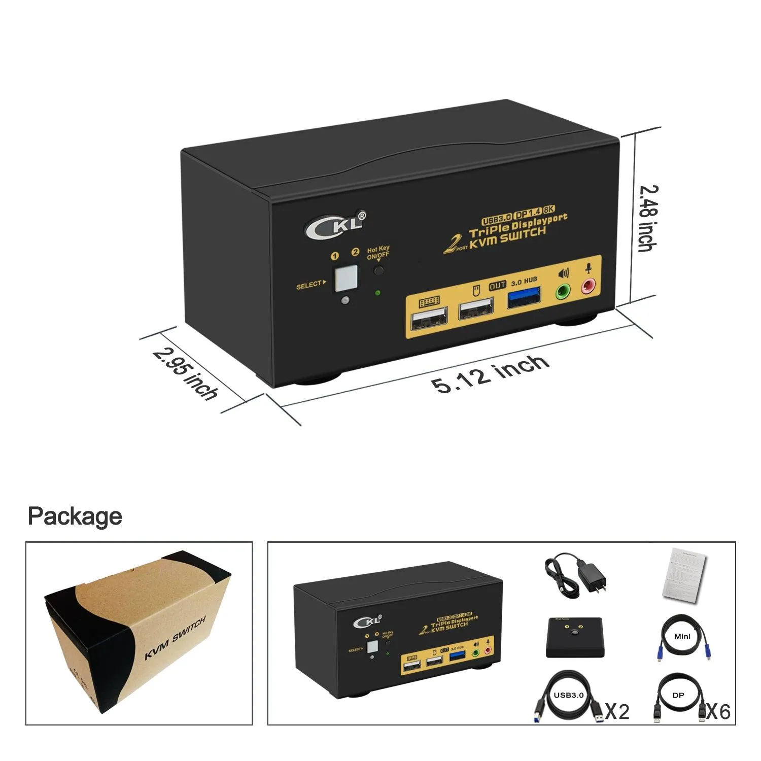 2 Port USB 3.0 KVM Switch Triple Monitor DisplayPort 1.4 8K@30Hz 4K@144Hz for 2 Computers 3 Monitors CKL-623DP-4