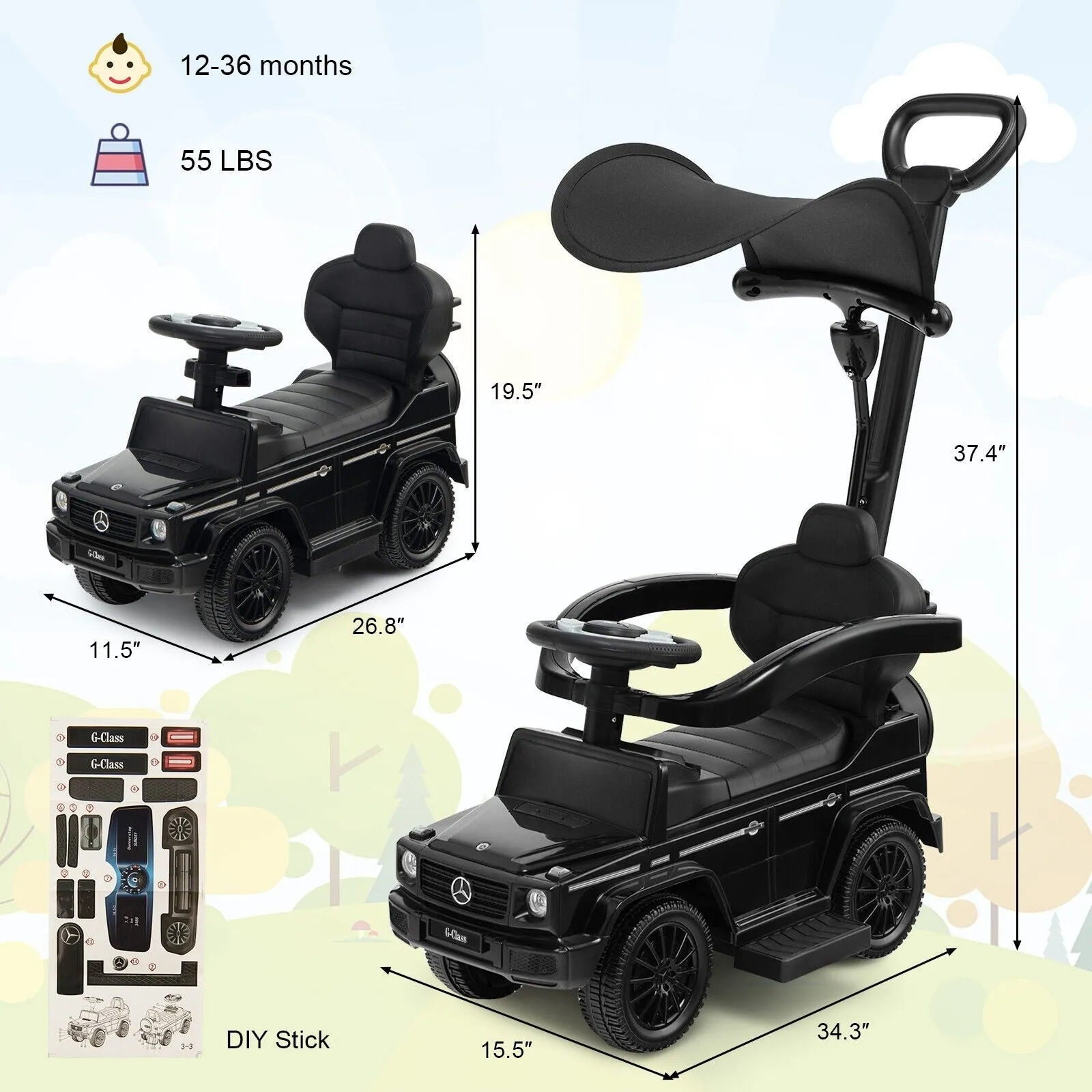 3-In-1 Ride on Push Car Mercedes Benz G350 Stroller Sliding Car with Canopy - Black