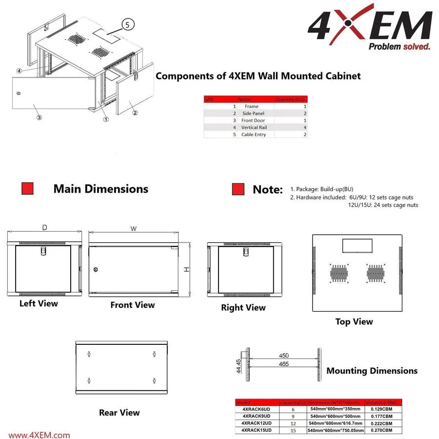 4XEM 6U Wall Mount Server Rack Cabinet 24 Inches Deep