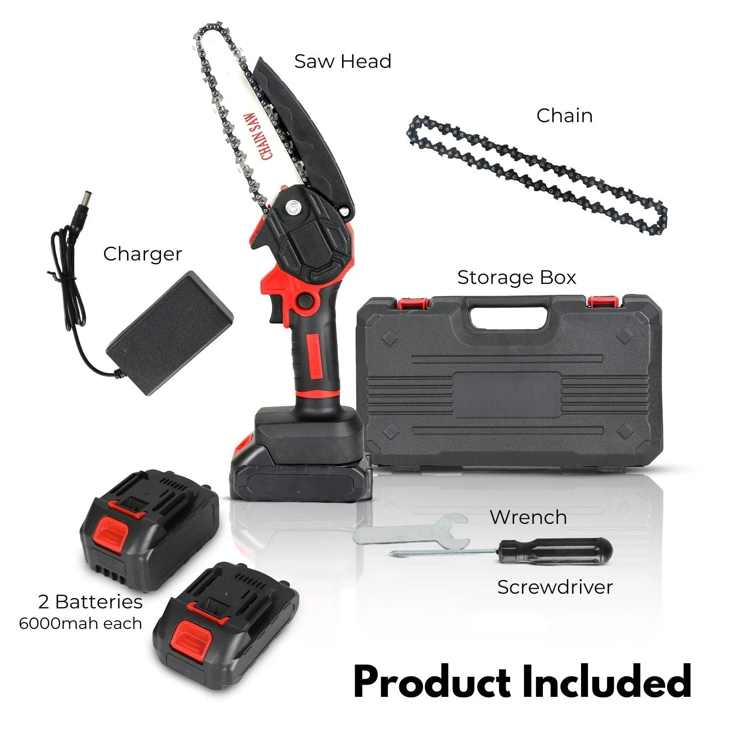 6-Inch Cordless Electric Chainsaw, 2 Batteries, 6000mAh