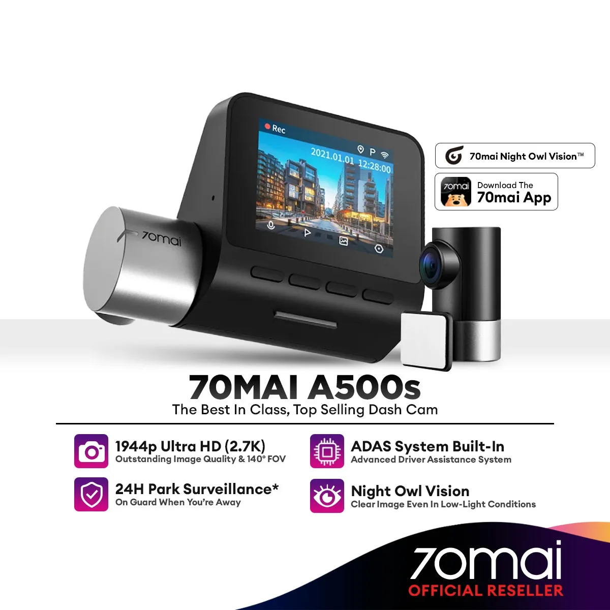 70mai A500s Dash Cam Pro Plus  1944P QHD  Support Dual Channel Recording (Front   Rear) with Built-In GPS & ADAS