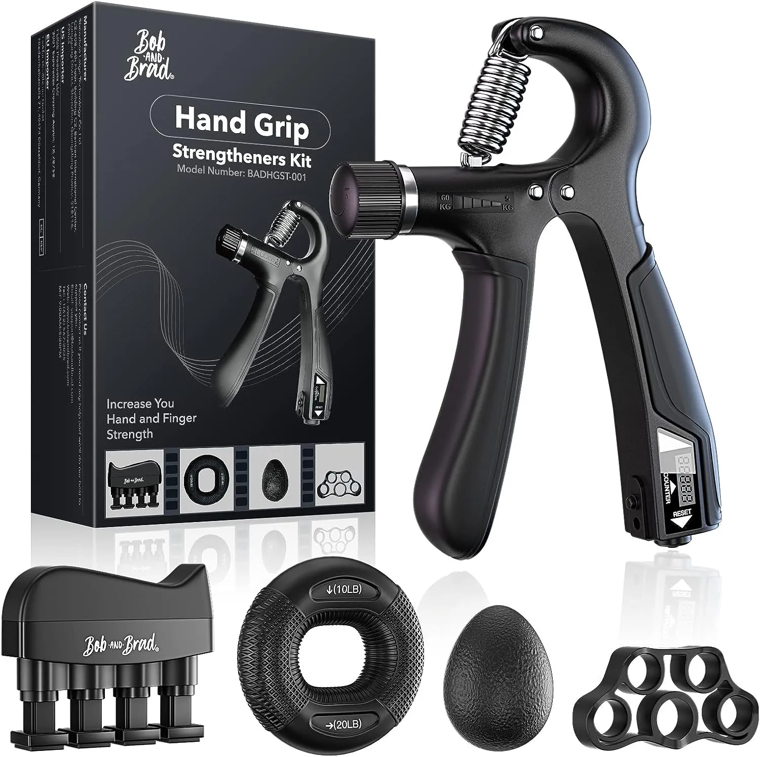 Bob and Brad Hand Grip Strengthener Kit with Counter (5 Pack), Forearm Workout Strength Trainer,Adjustable Resistance Exerciser,Finger Exerciser,Finger Stretcher,Grip Ring & Stress Relief Grip Ball