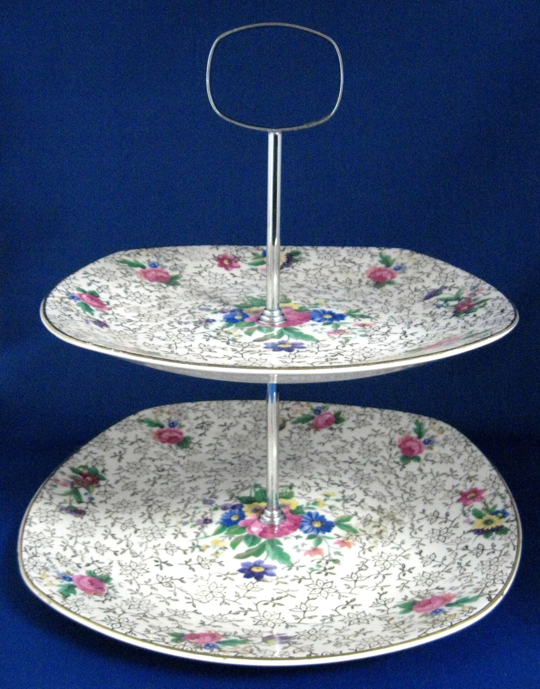 Cake Tier Gold Floral Chintz 2 Tier Midwinter England Retro Server 1950s Chic