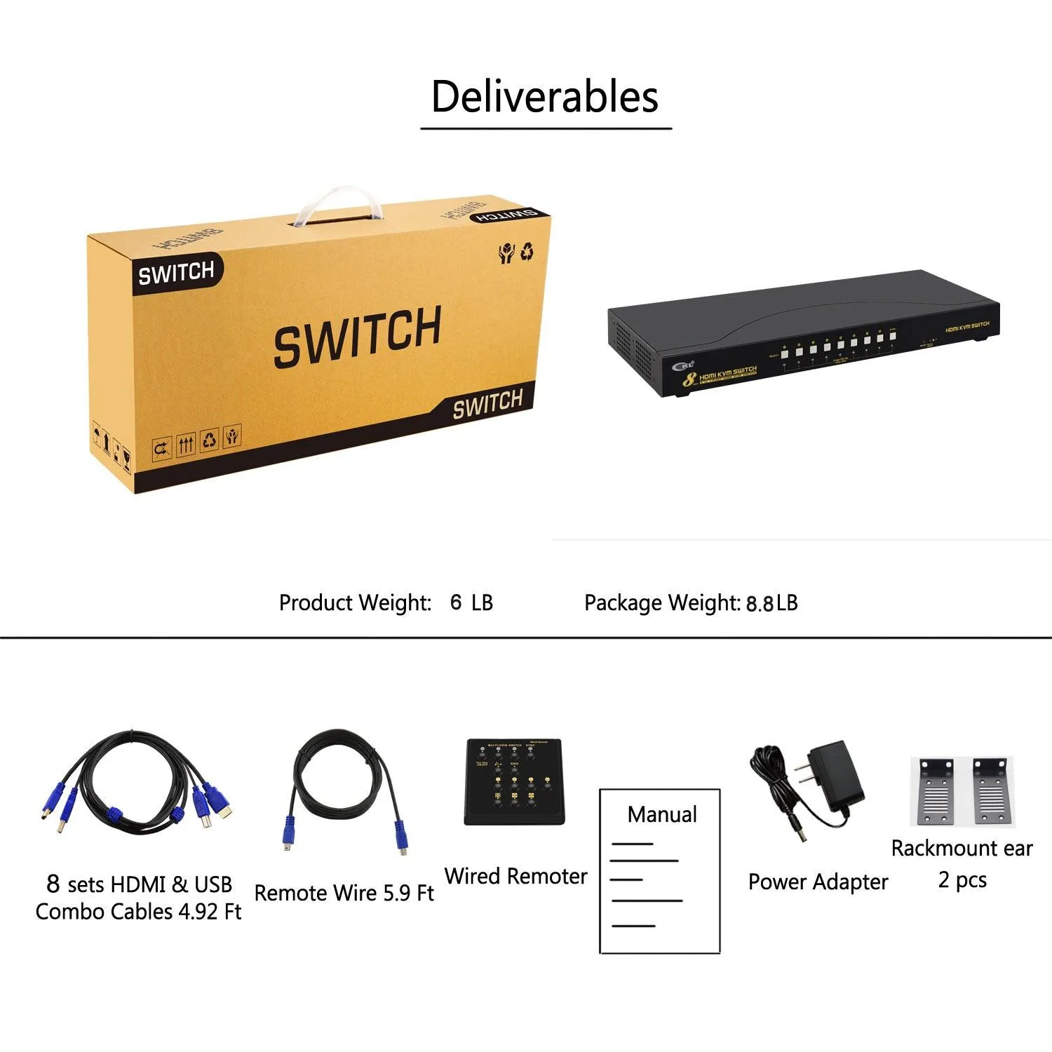 CKL HDMI KVM Switch 8 Port 4K 30Hz with USB 2.0 HUB and Cables 9138H-1