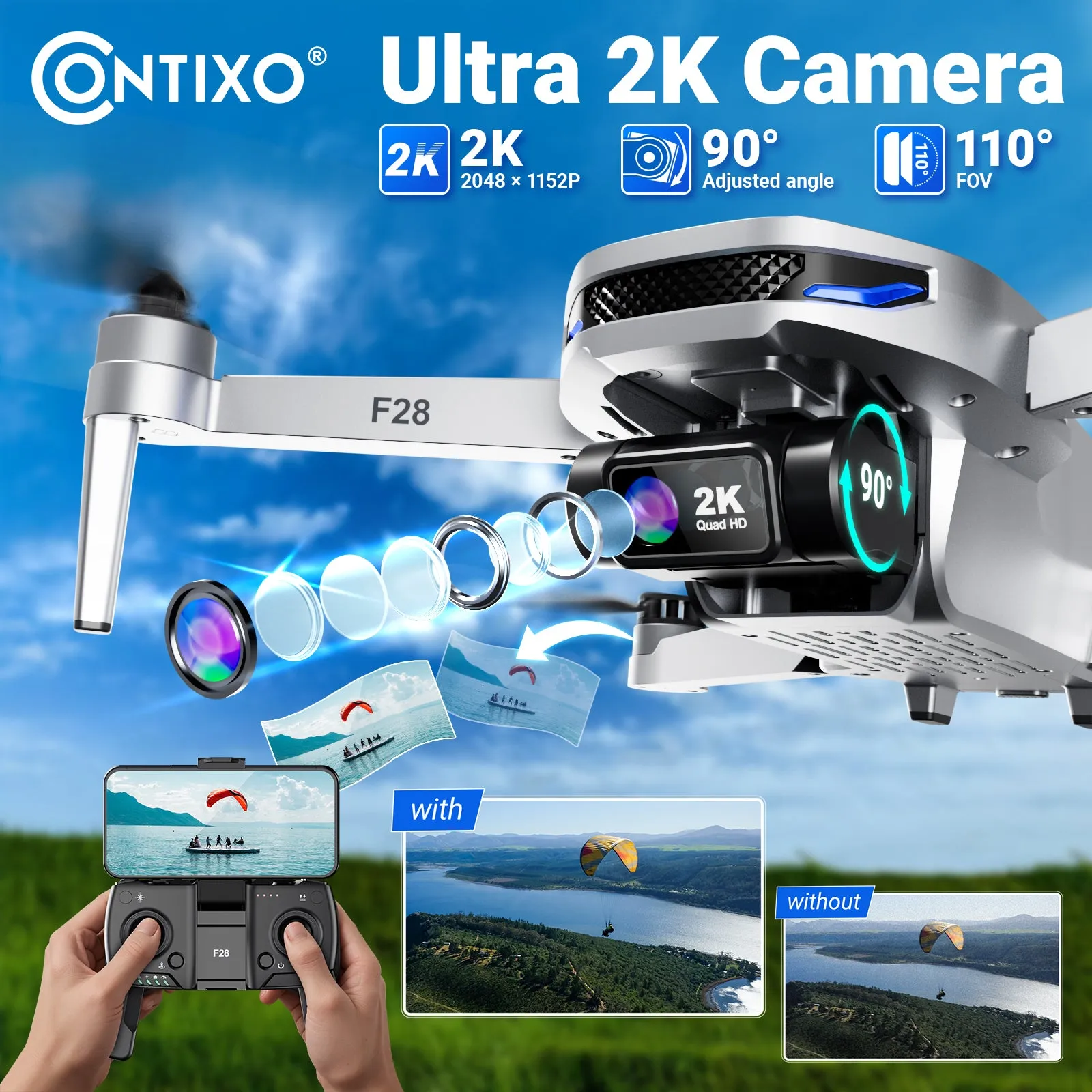 Contixo F28 Foldable Drone with 2K FHD Camera and Carrying Case