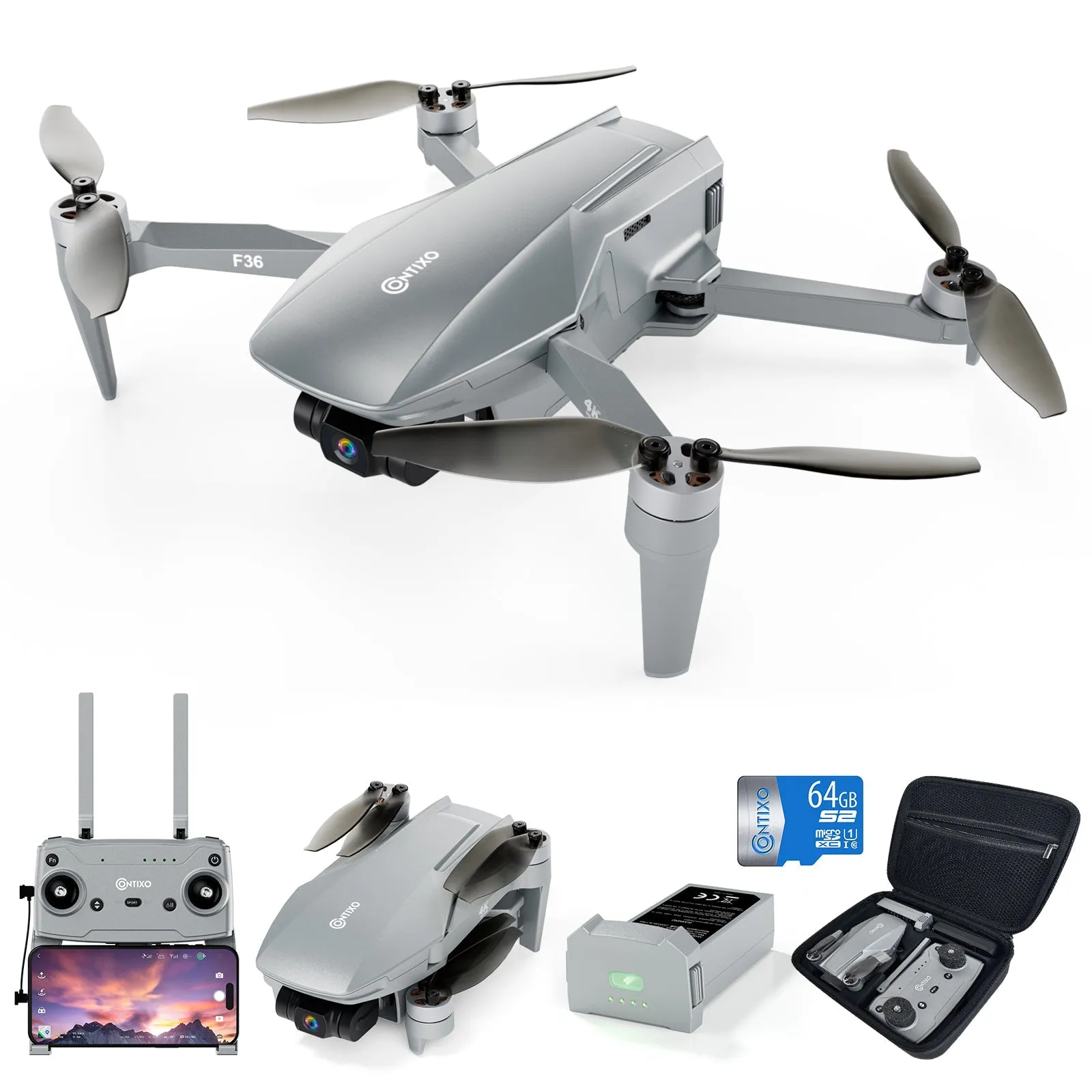 Contixo F36 Silver Horizon Remote Control FPV Foldable Drone with 4K HD Camera, 64GB MicroSD Card, & Carrying Case by Contixo