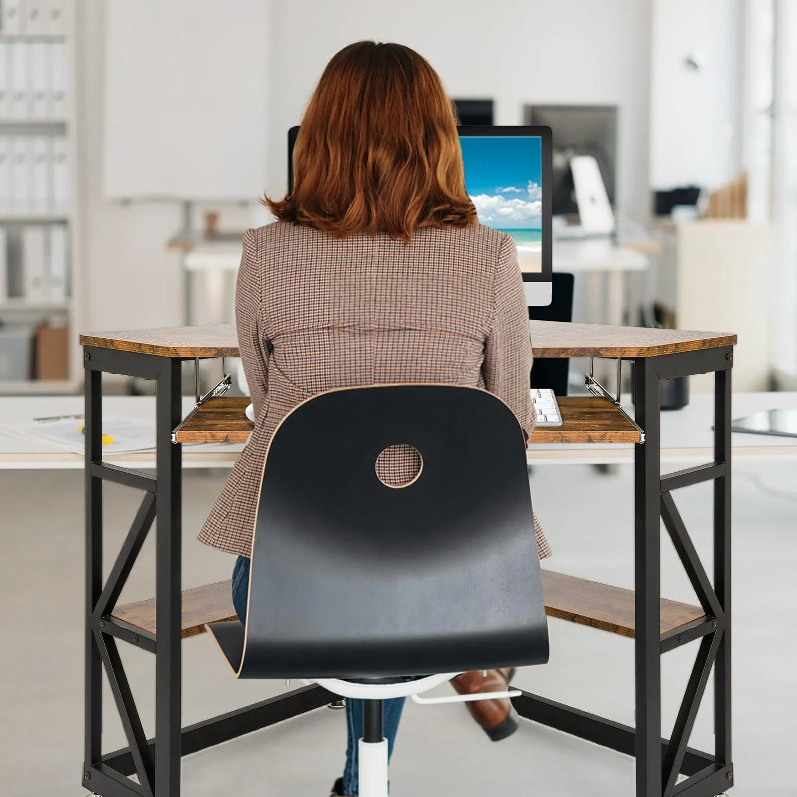 Corner Desk for Small Space Home Office Computer Desk Writing Table with Storage Shelves and Bookshelf, Brown