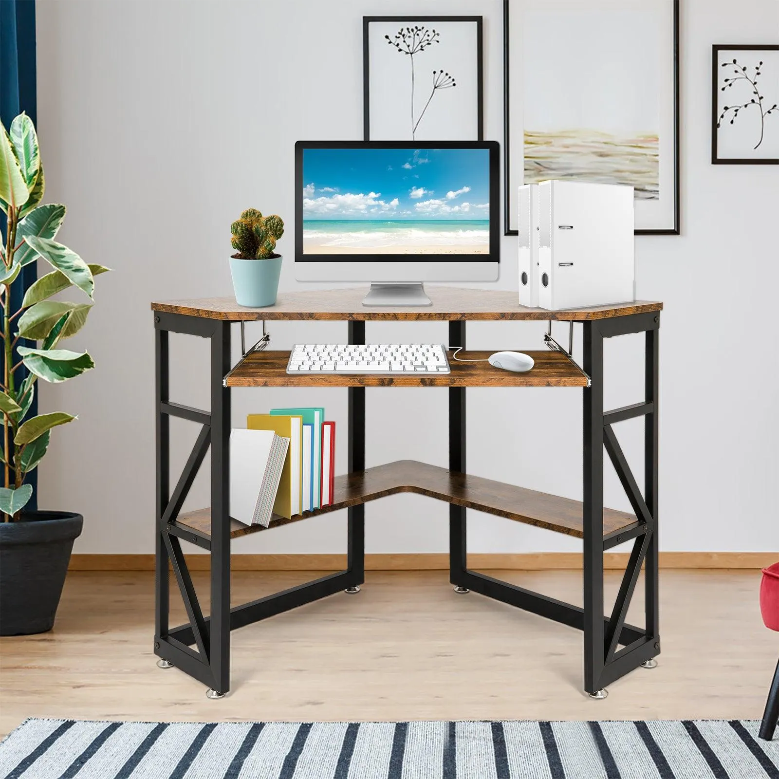 Corner Desk for Small Space Home Office Computer Desk Writing Table with Storage Shelves and Bookshelf, Brown