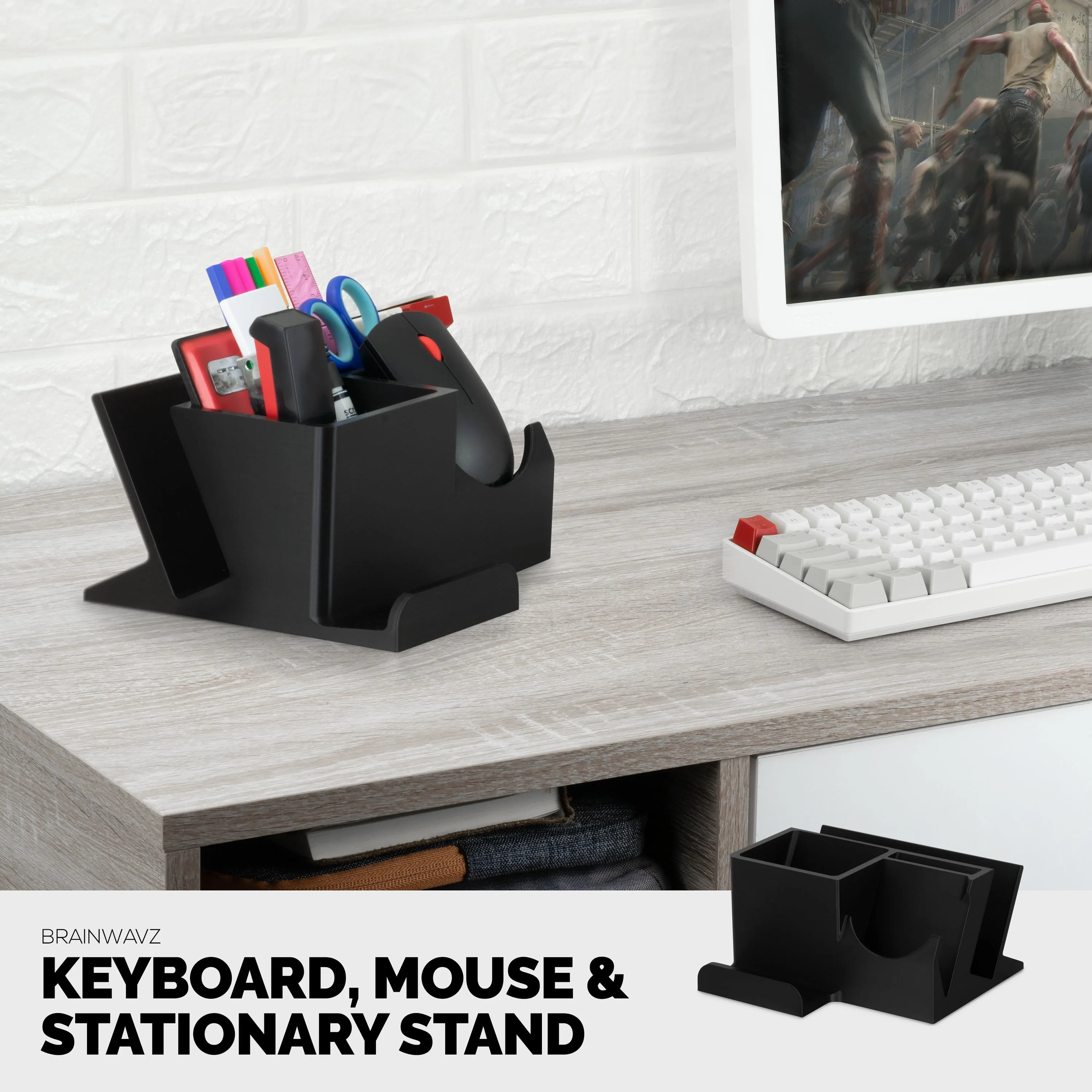 Desktop Keyboard, Mouse & Phone Stand Holder w/ Stationary Storage, Suitable for Small Or Large Keyboards, Tablets, Gaming & Office Mice