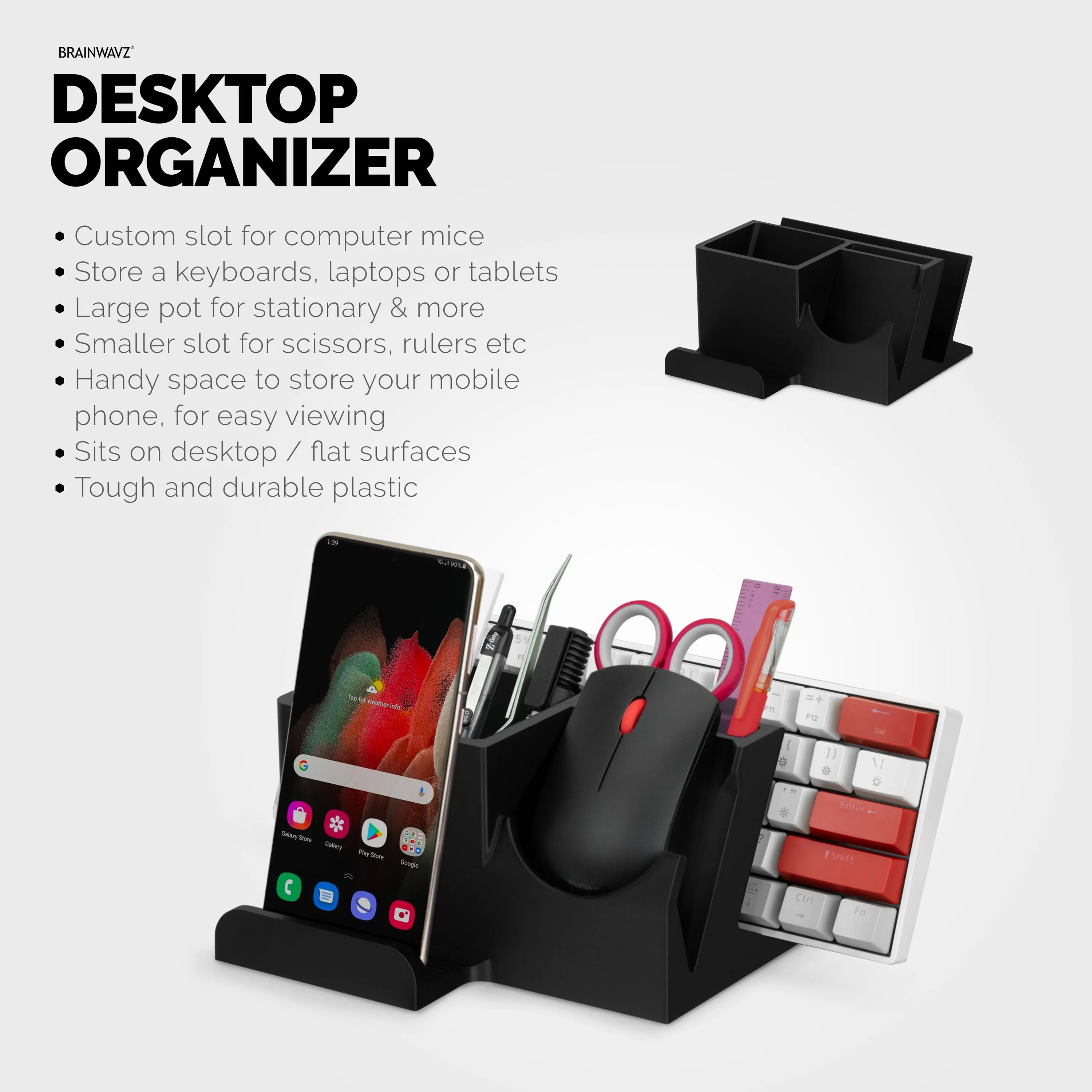 Desktop Keyboard, Mouse & Phone Stand Holder w/ Stationary Storage, Suitable for Small Or Large Keyboards, Tablets, Gaming & Office Mice