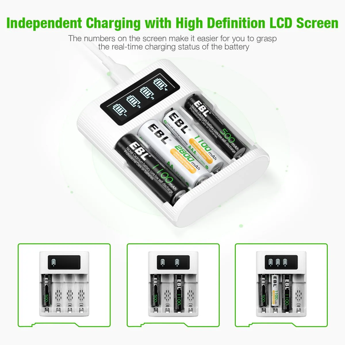 EBL AA AAA Rechargeable Batteries with FY-409 4-Bay Individual LCD Charger