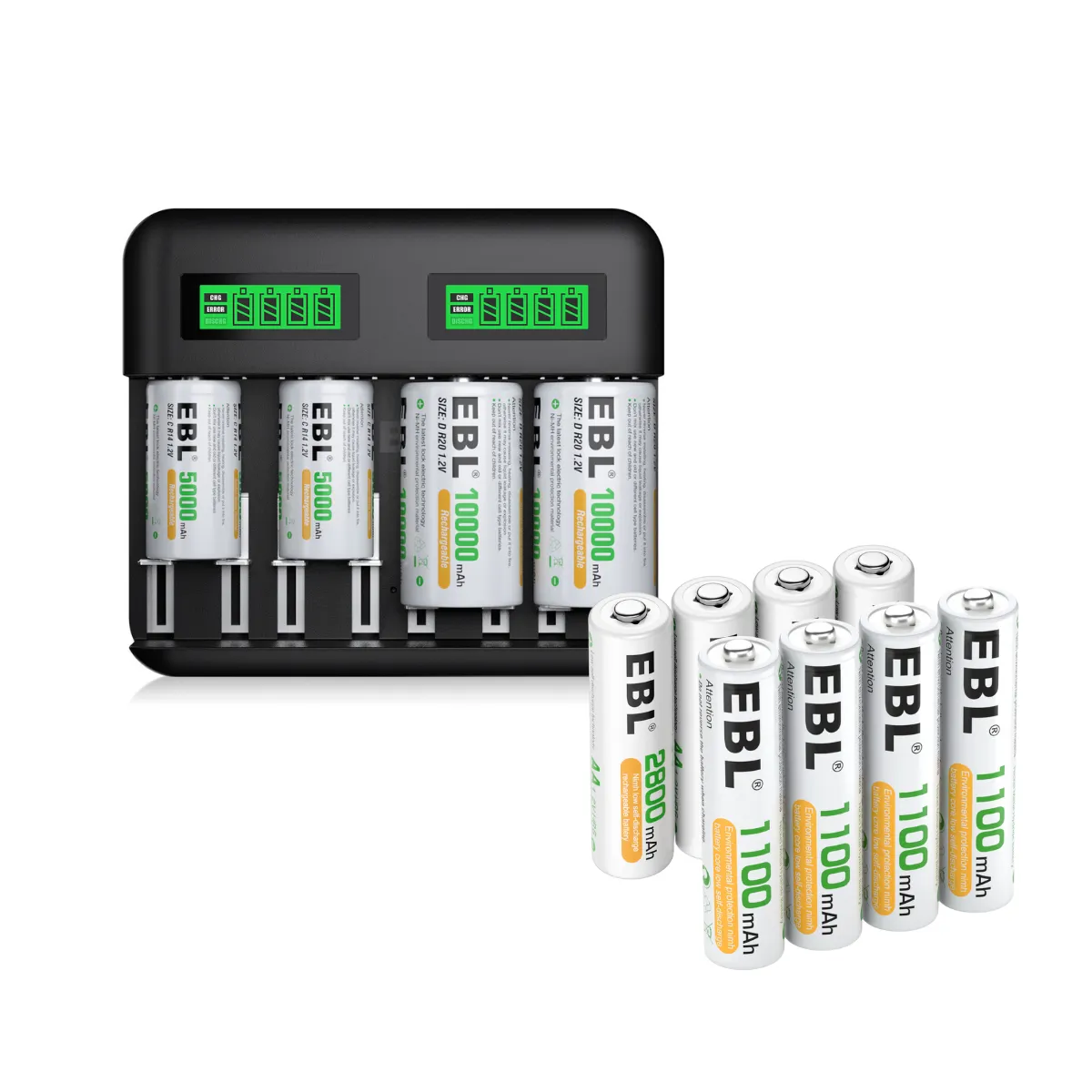 EBL C9008 LCD Battery Charger with AA AAA C D Ni-Mh Rechargeable Batteries