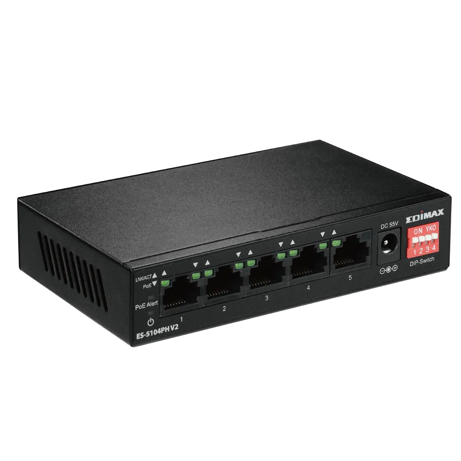 EDIMAX 5 Port 10/100 Fast Ethernet with 4x PoE  ports and DIP Switch. PoE delivery up to 200m. Power Budget: 71.5W. Auto Energy Saving Functions. Plug and Play.  VLAN and Loop Protection.