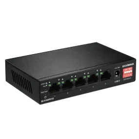 EDIMAX 5 Port 10/100 Fast Ethernet with 4x PoE  ports and DIP Switch. PoE delivery up to 200m. Power Budget: 71.5W. Auto Energy Saving Functions. Plug and Play.  VLAN and Loop Protection.