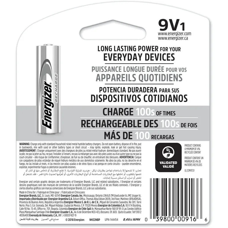 Energizer Recharge NiMH 9-Volt 1.2 V 150 mAh Rechargeable Battery NH22NBP 1 pk