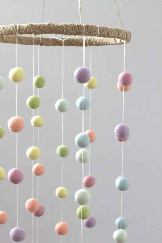 Felt Ball Nursery Mobile- Pastel Rainbow- LARGE