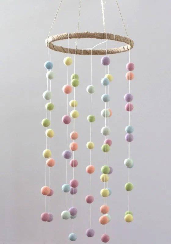 Felt Ball Nursery Mobile- Pastel Rainbow- LARGE