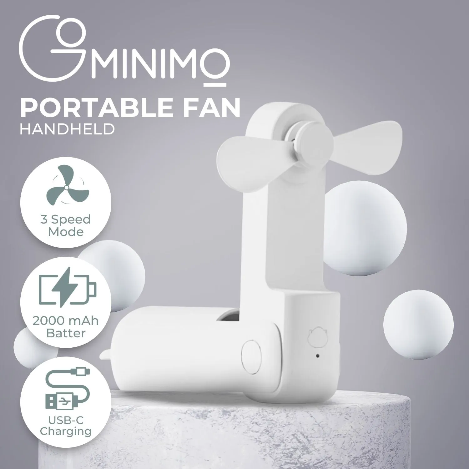 Foldable Portable Handheld Fan, 3 Speeds, USB Rechargeable