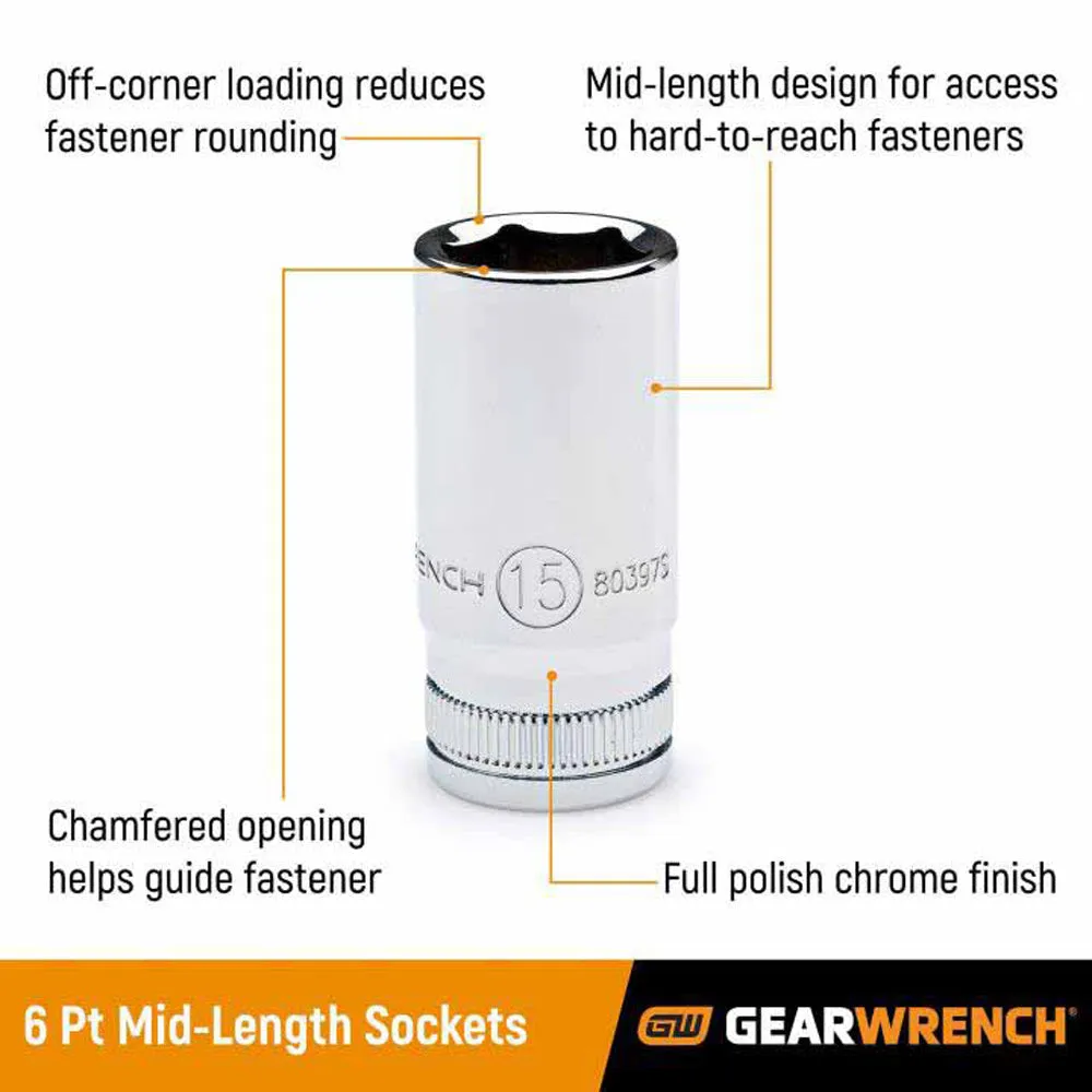 GearWrench 80304S-06 13 Piece 1/4" Drive 6 Point Mid Length Metric Socket Set