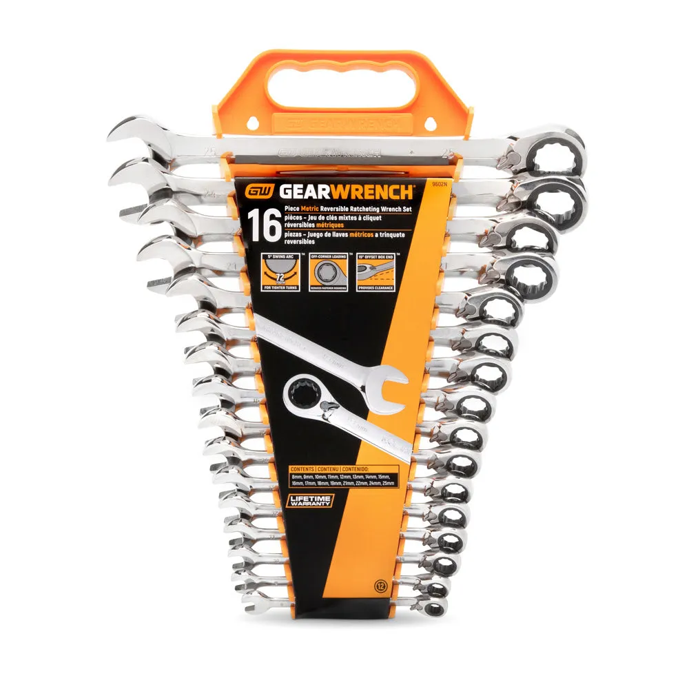 GearWrench 9602N 16 Pc. 72-Tooth 12 Point Reversible Ratcheting Combination Metric Wrench Set