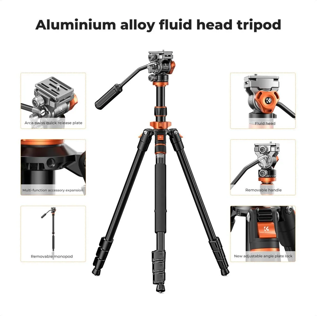 K&F Concept 4-Section Tripod Monopod and 360 Degree Panoramic Fluid Hydraulic Head with Arca Swiss QR Plate, 5Kg Max Load Capacity and 83" Max Operating Height for Videography and Photography | KF09-136