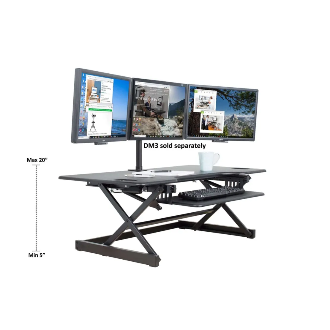 Lorell/Rocelco 46” Black Large Height-Adjustable Standing Desk Converter w/ Retractable Keyboard Tray, R DADRB-46