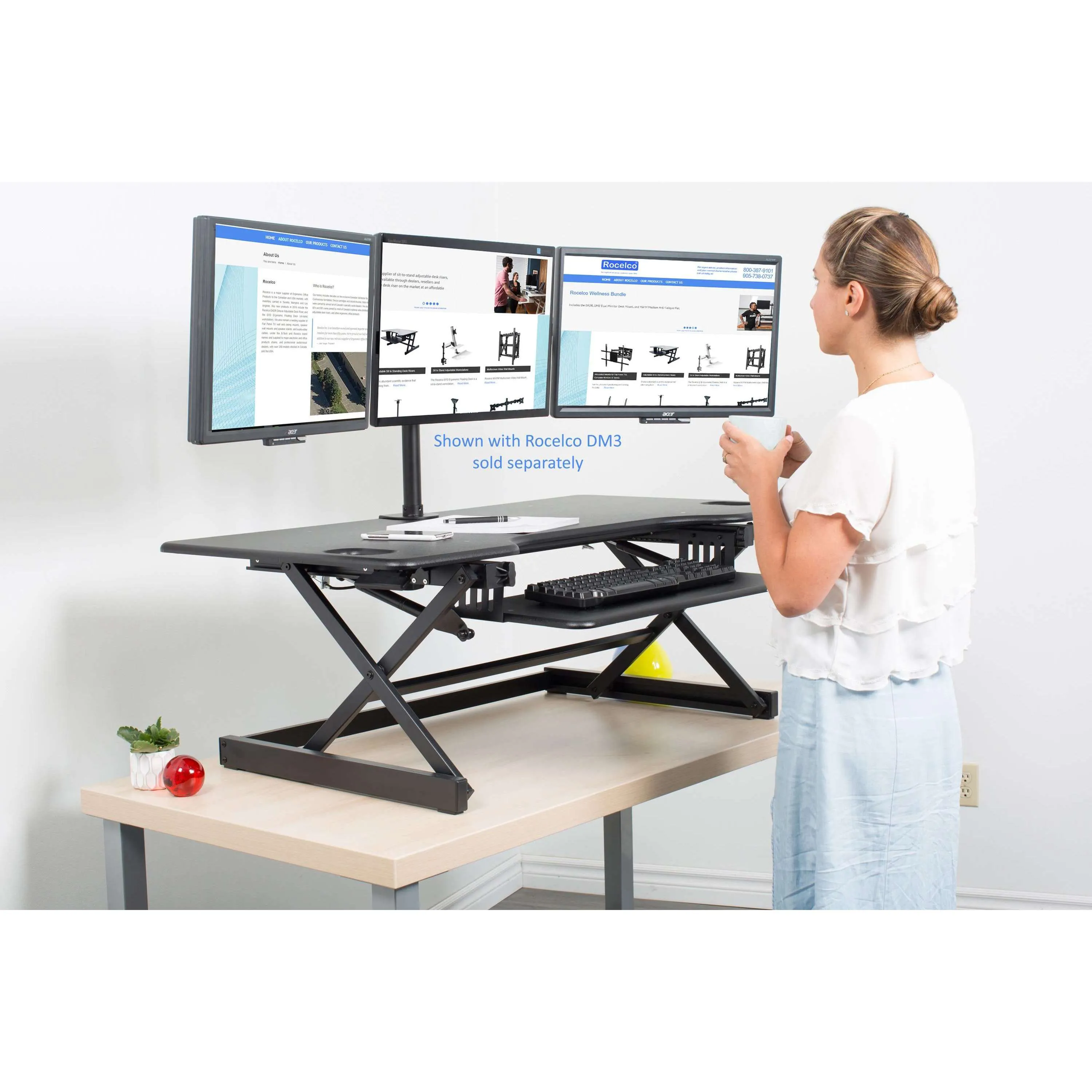 Lorell/Rocelco 46” Black Large Height-Adjustable Standing Desk Converter w/ Retractable Keyboard Tray, R DADRB-46