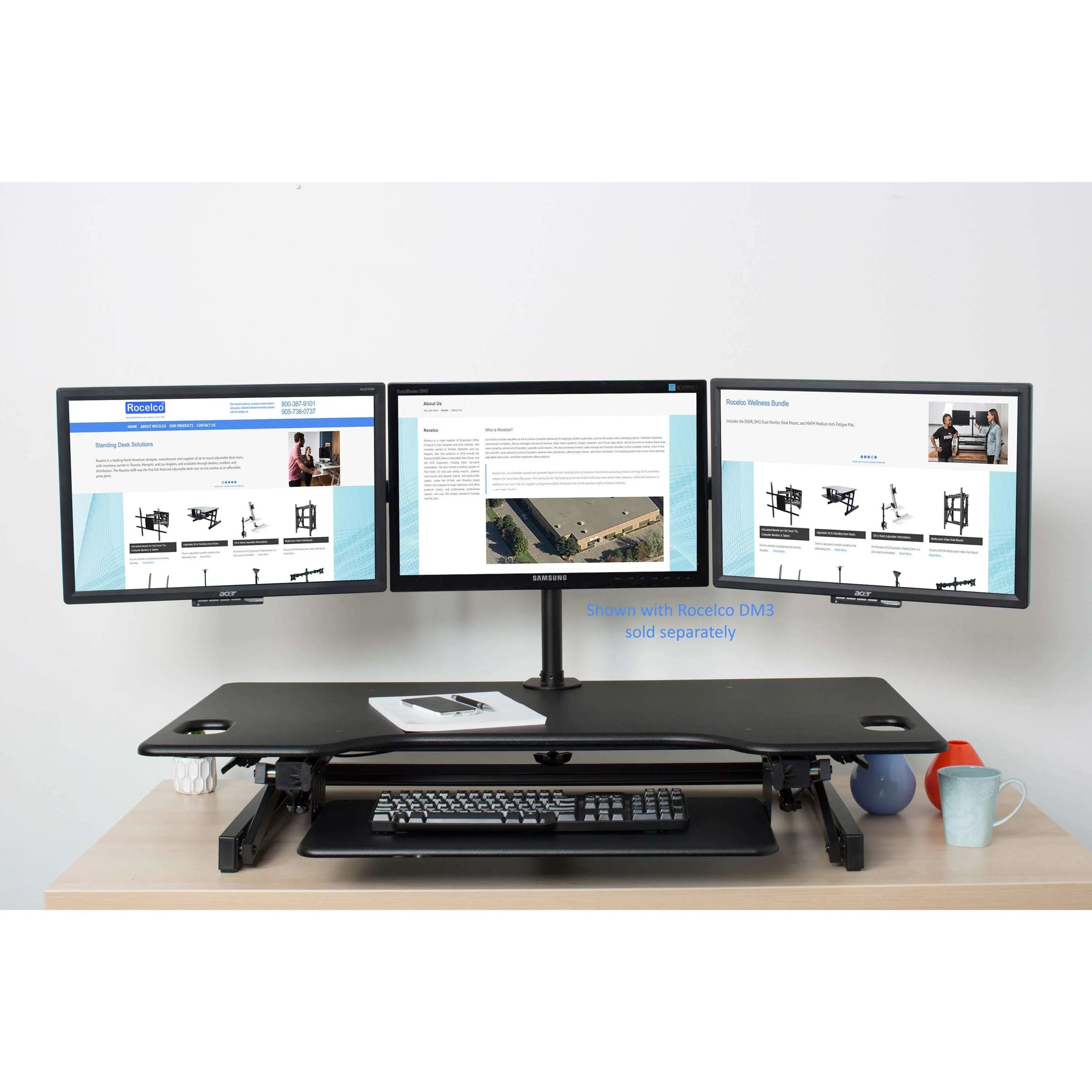 Lorell/Rocelco 46” Black Large Height-Adjustable Standing Desk Converter w/ Retractable Keyboard Tray, R DADRB-46