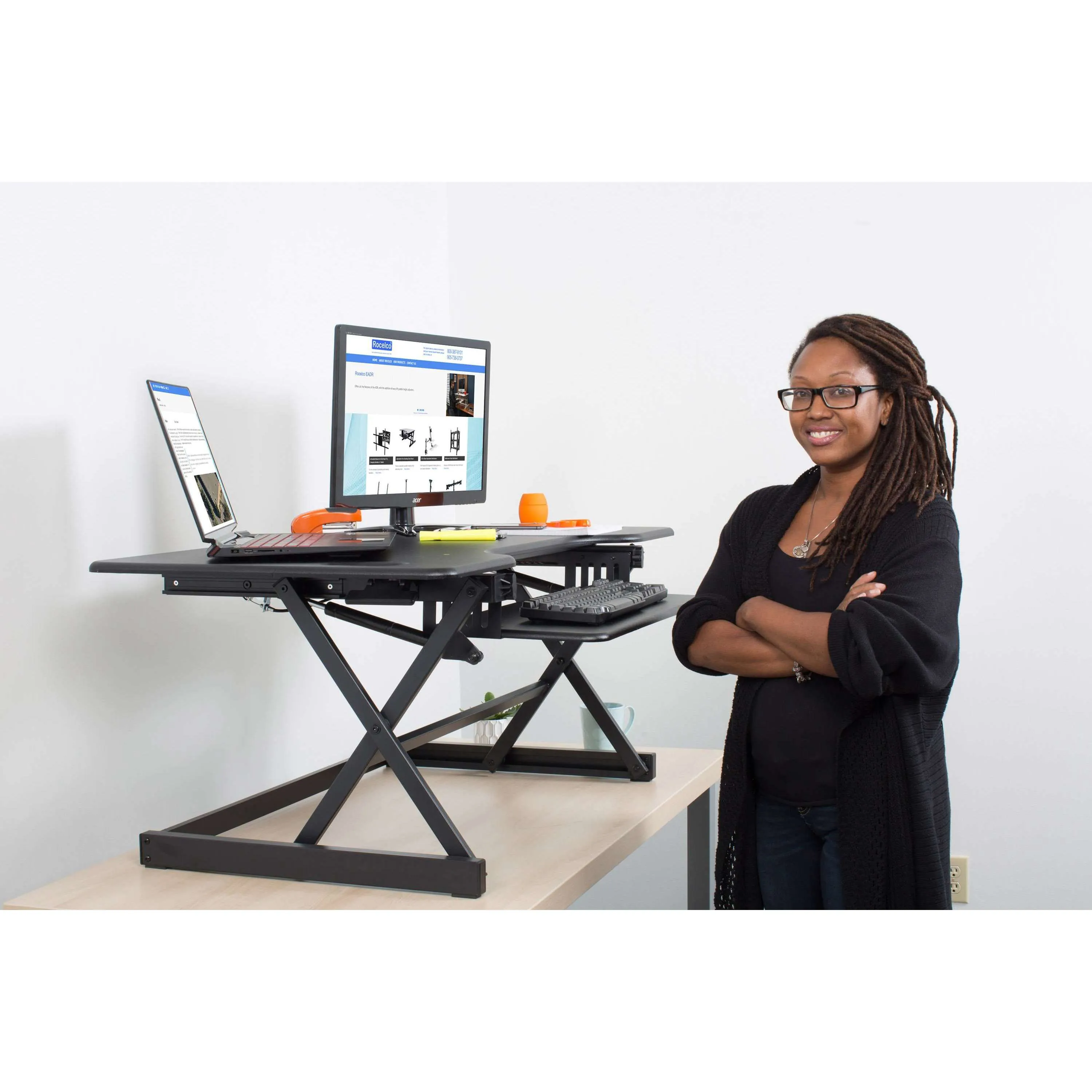 Lorell/Rocelco 46” Black Large Height-Adjustable Standing Desk Converter w/ Retractable Keyboard Tray, R DADRB-46