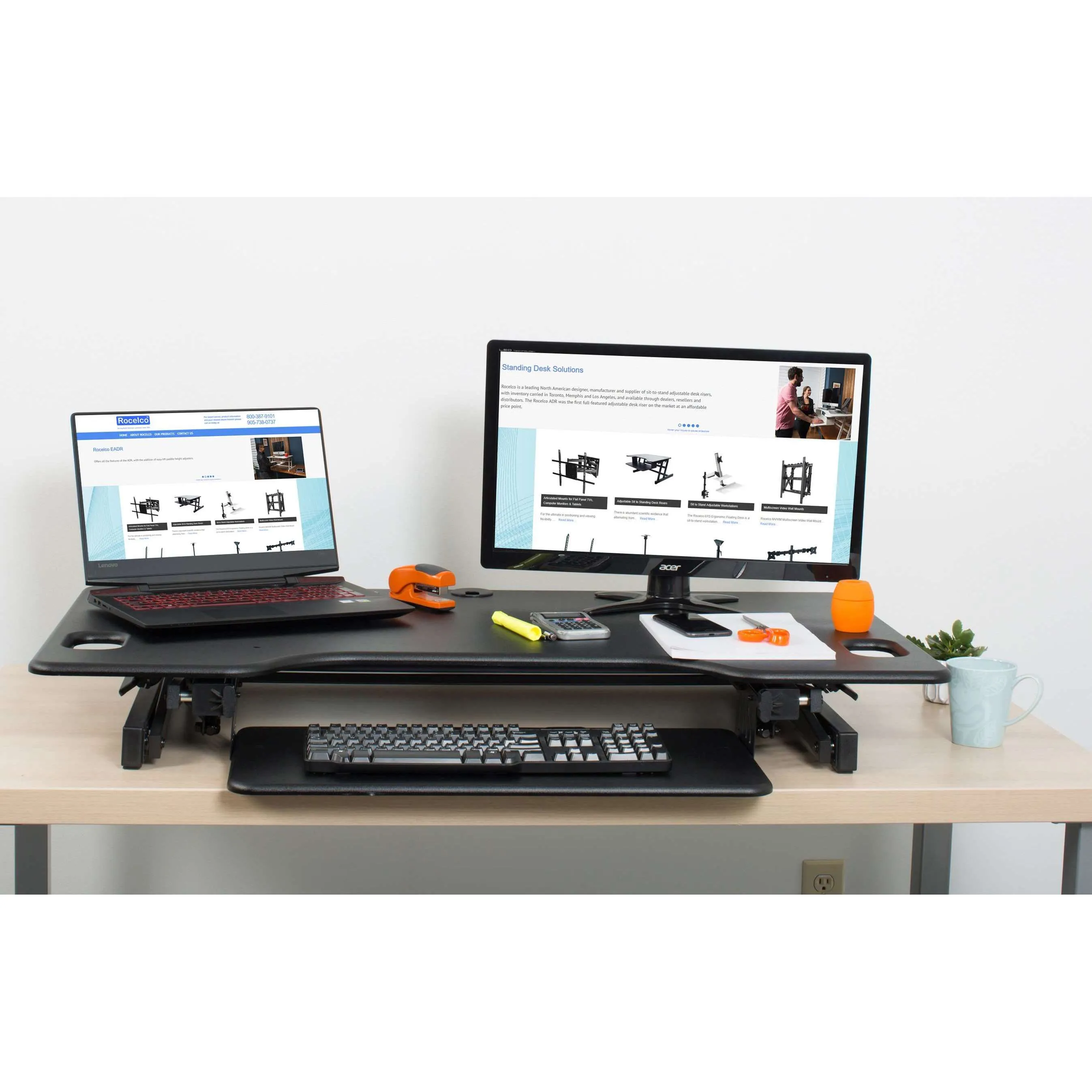 Lorell/Rocelco 46” Black Large Height-Adjustable Standing Desk Converter w/ Retractable Keyboard Tray, R DADRB-46