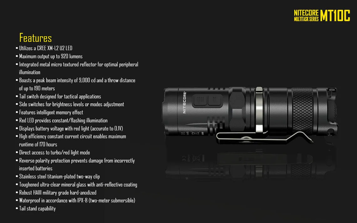 Nitecore MT10C CREE XM-L2 U2 LED Flashlight - 920 Lumens