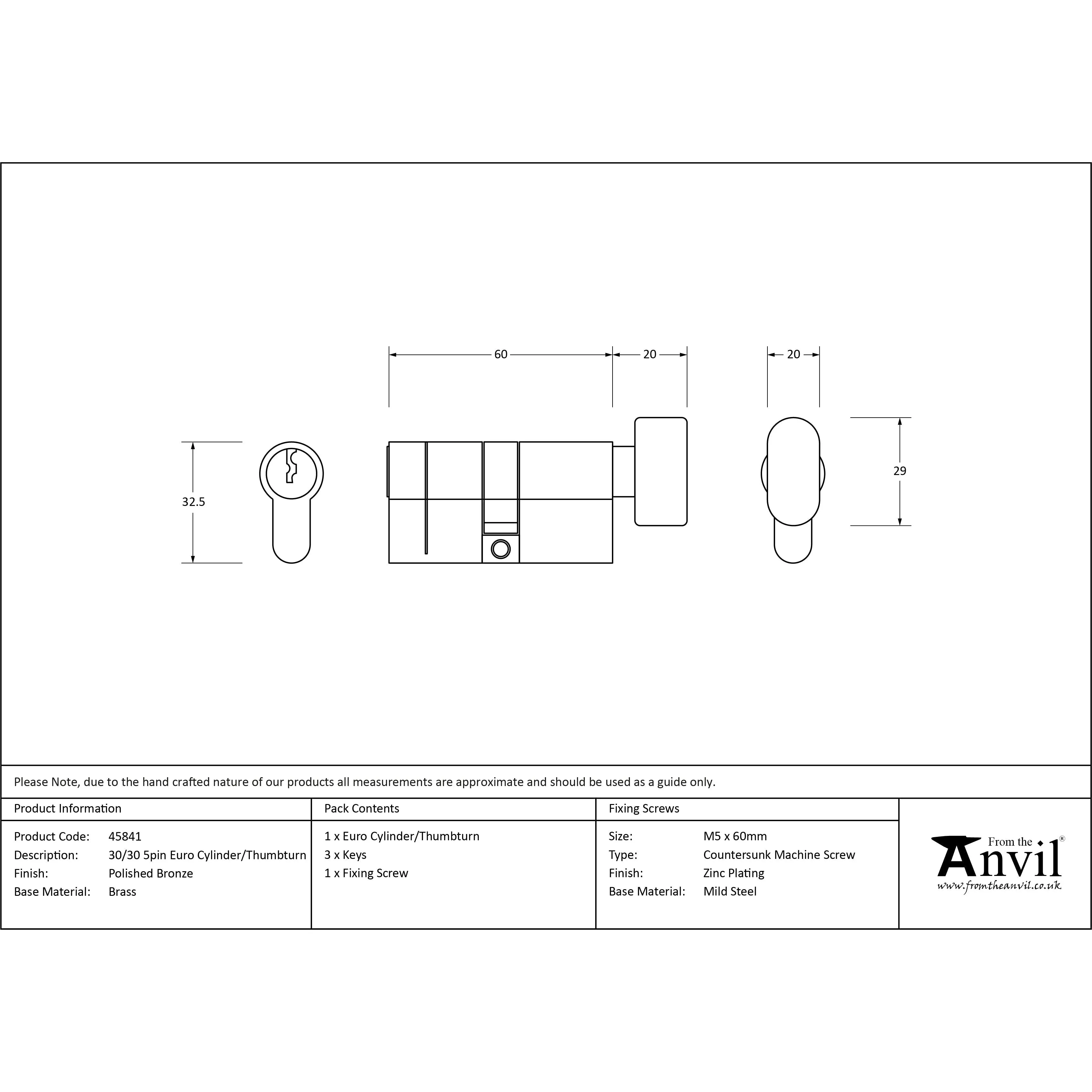 Polished Bronze 30/30 5pin Euro Cylinder/Thumbturn | From The Anvil