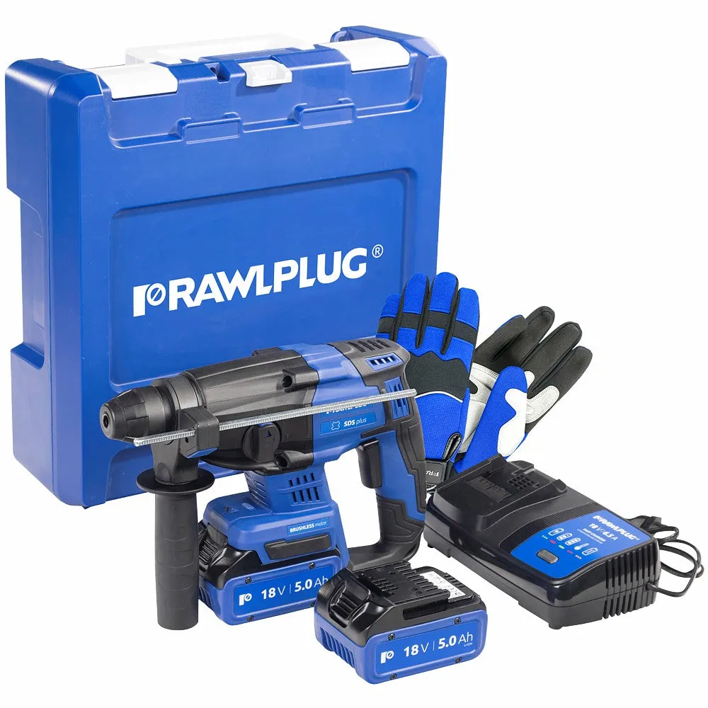 RAWLPLUG ROTARY HAMMER 2XBATTERY 5.0 AH CHARGER 65A WITH GLOVES IN CASE RAWR-PRH18-XL2