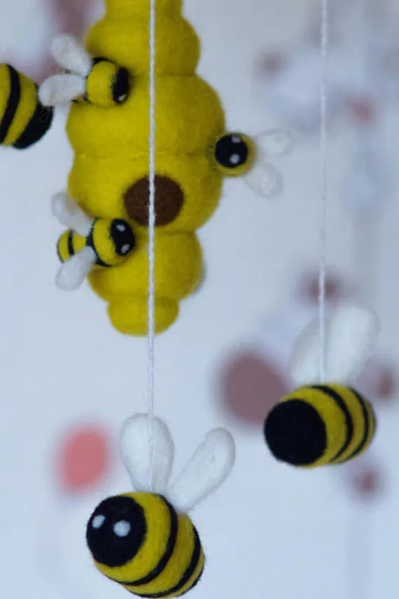 SALE Baby Mobile - Needle Felted Bees Baby Mobile,Hive,Nursery Decor,Baby Shower Gift.modern nursery, cot mobile, crib mobile,hanging mobile