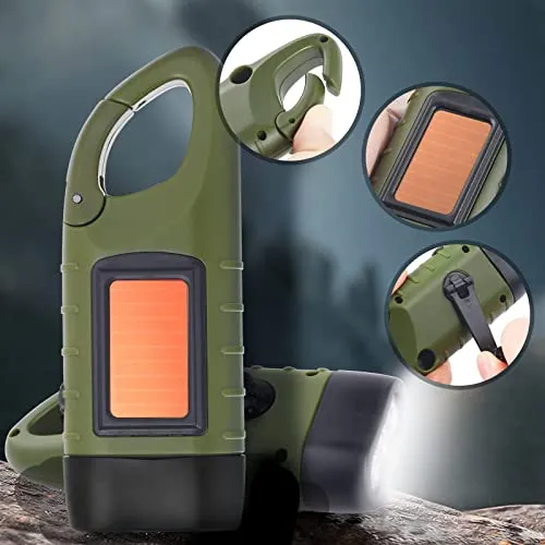 Simpeak 2-Pack Hand Crank Solar Powered Flashlight, Emergency Rechargeable LED Flashlight, Survival Flashlight, Quick Snap Carbiner Dynamo Flashlight Torch for Outdoor Sports, Green