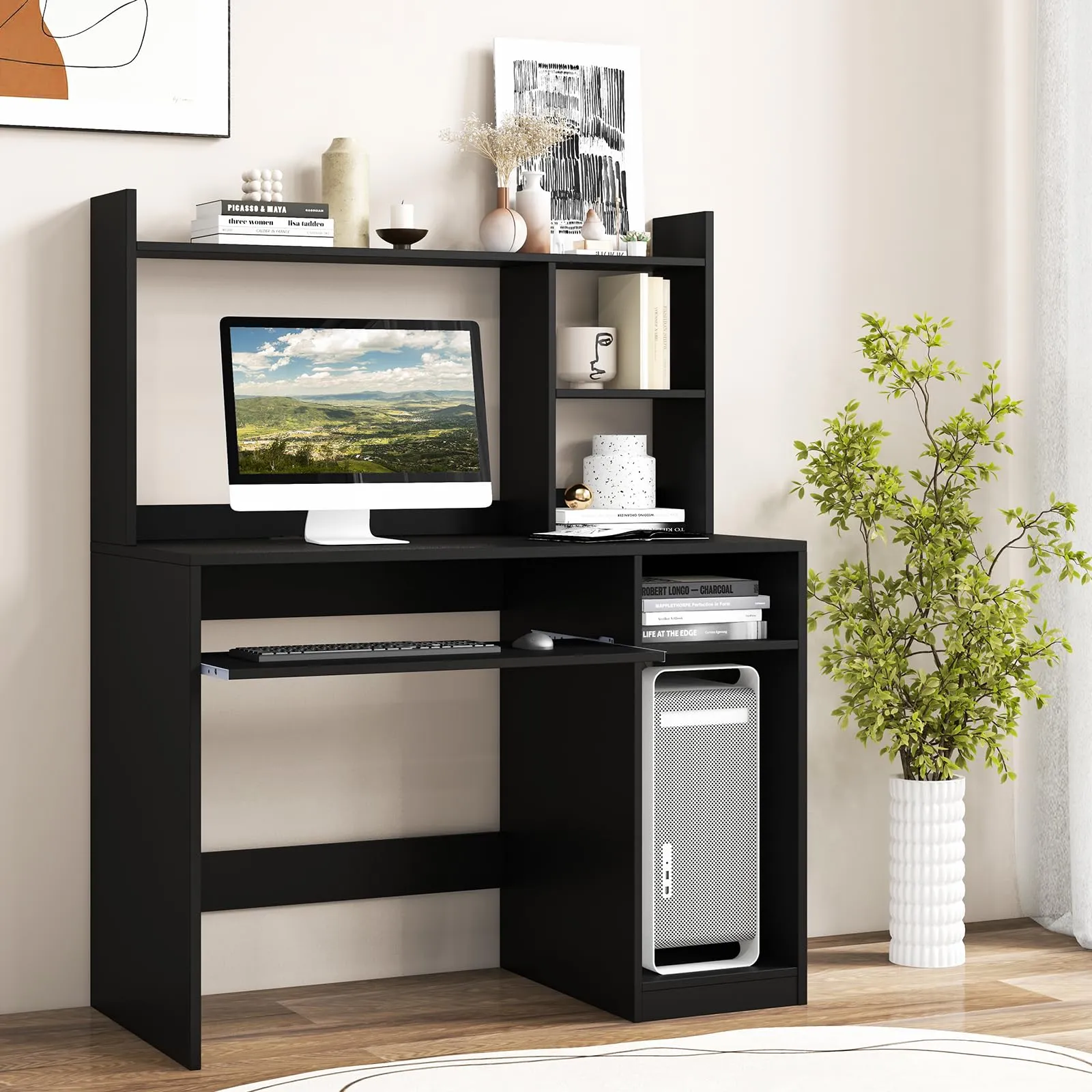 Tangkula Desk with Hutch &Charging Station, Home Office Desk with Keyboard Tray