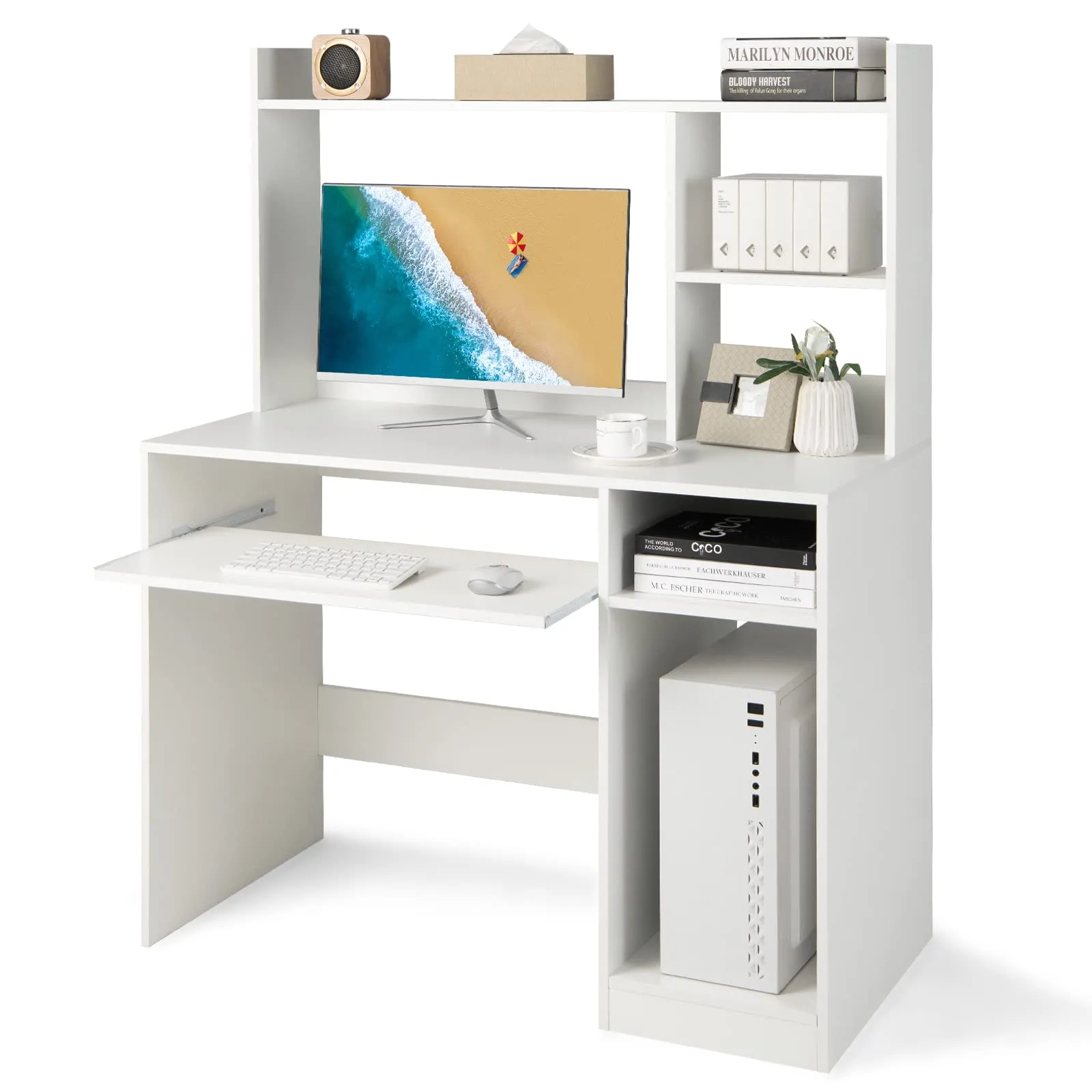 Tangkula Desk with Hutch &Charging Station, Home Office Desk with Keyboard Tray