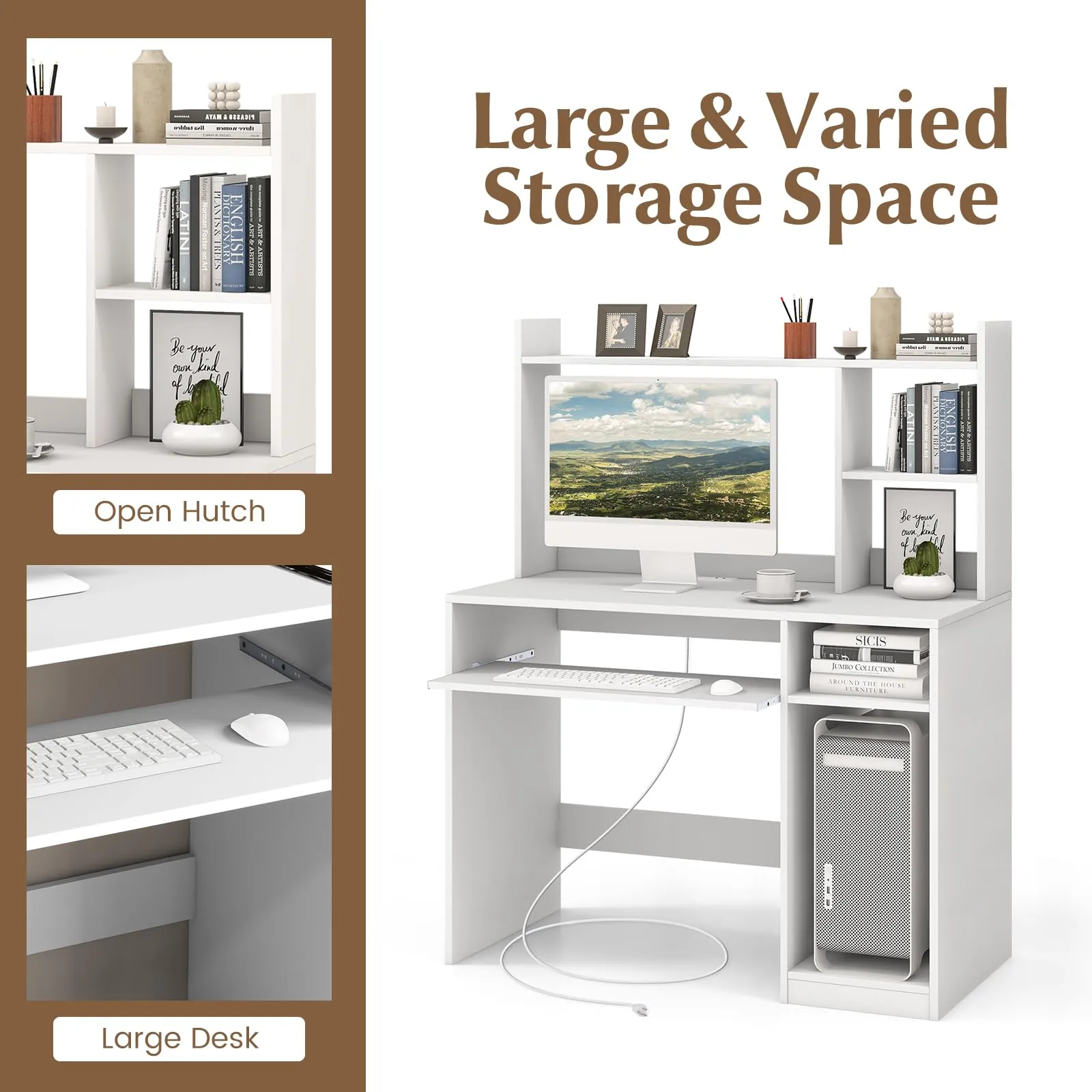 Tangkula Desk with Hutch &Charging Station, Home Office Desk with Keyboard Tray