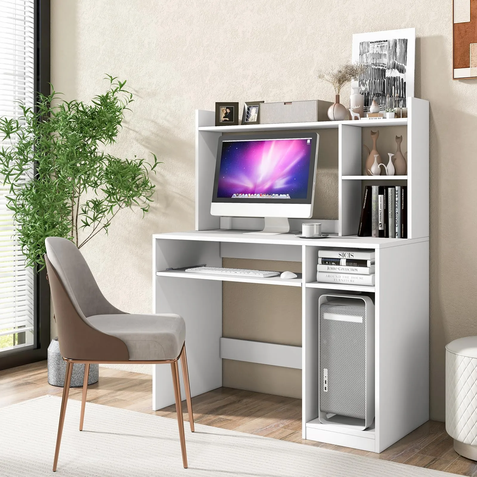 Tangkula Desk with Hutch &Charging Station, Home Office Desk with Keyboard Tray