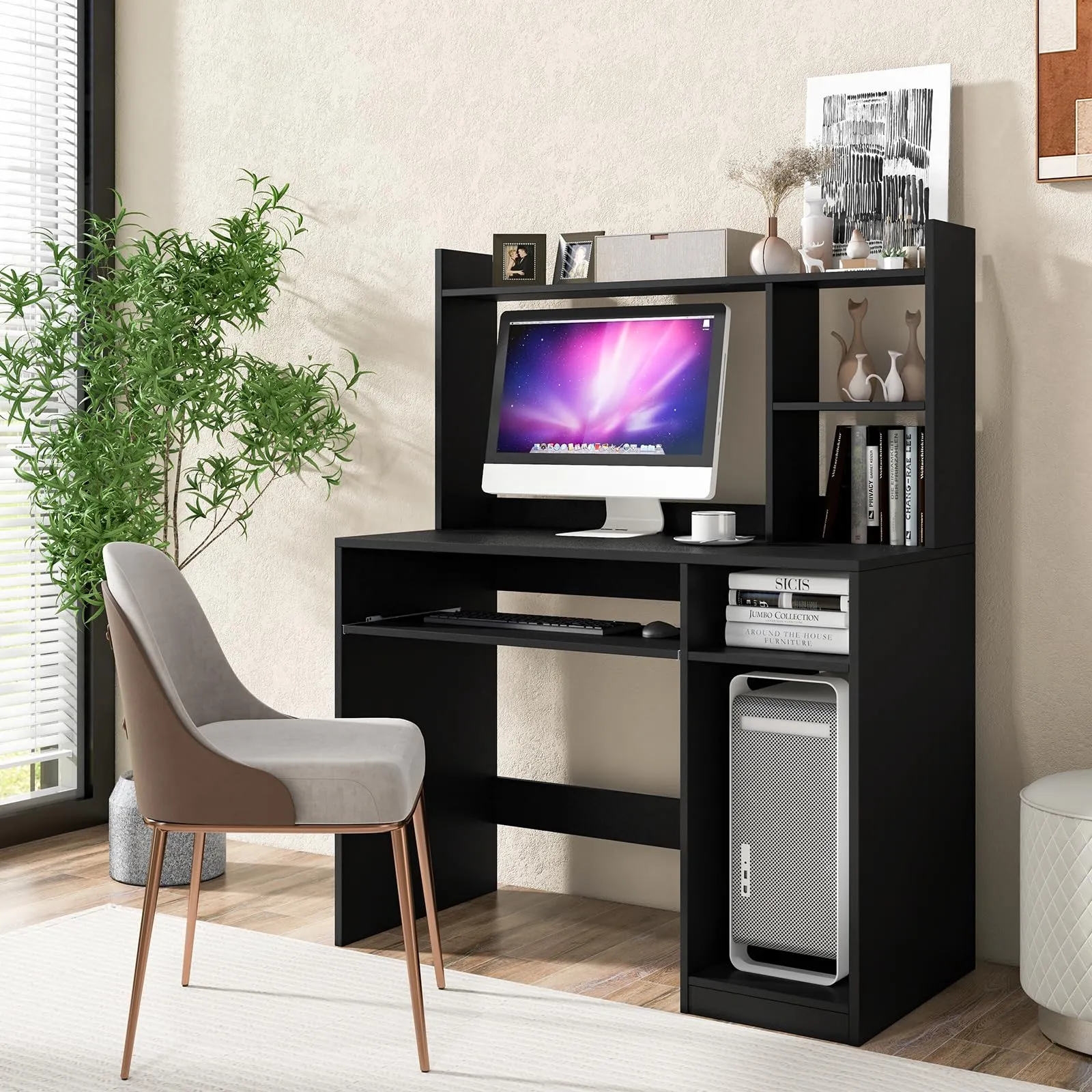 Tangkula Desk with Hutch &Charging Station, Home Office Desk with Keyboard Tray