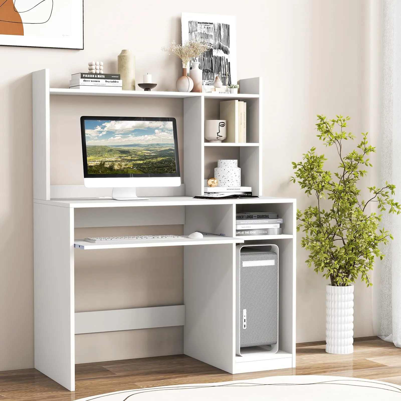 Tangkula Desk with Hutch &Charging Station, Home Office Desk with Keyboard Tray