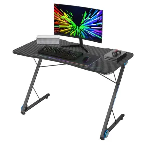 Tangkula Gaming Computer Desk, Z-Shaped Home Office Computer Table with LED Lights & Large Carbon Fiber Surface