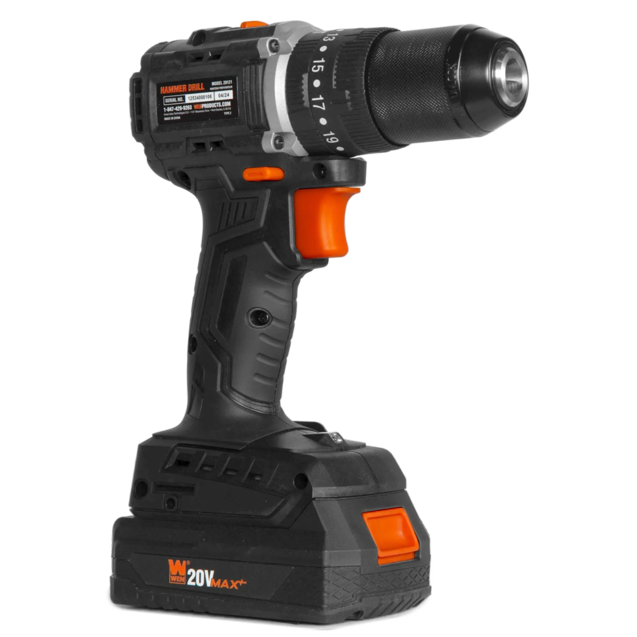 WEN 20121 20V Max Brushless Cordless 1/2-Inch Hammer Drill and Driver with 2.0 Ah Lithium-Ion Battery and Charger