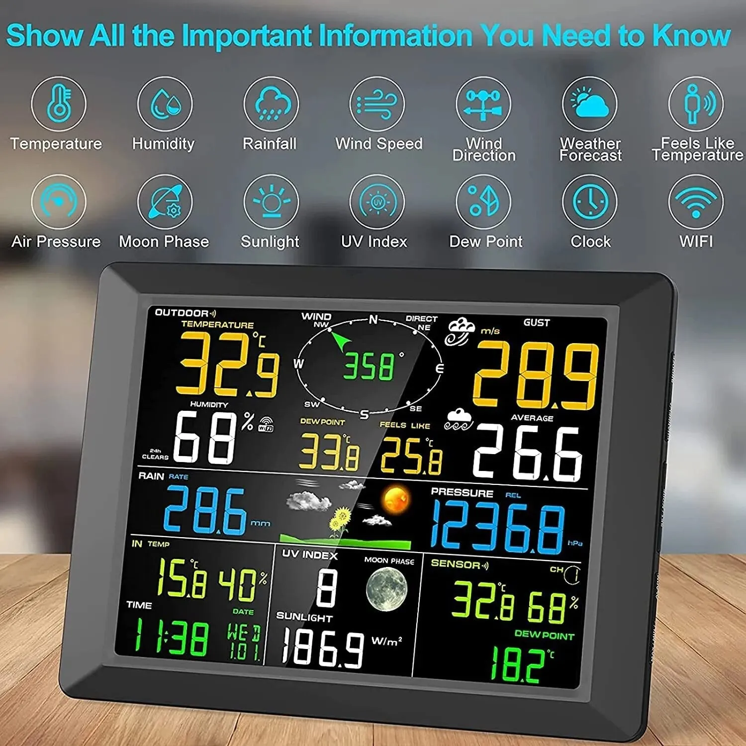 Wi-Fi Weather Station with Digital Display for Temperature, Humidity, Wind Speed Direction, Rainfall 20-in-1