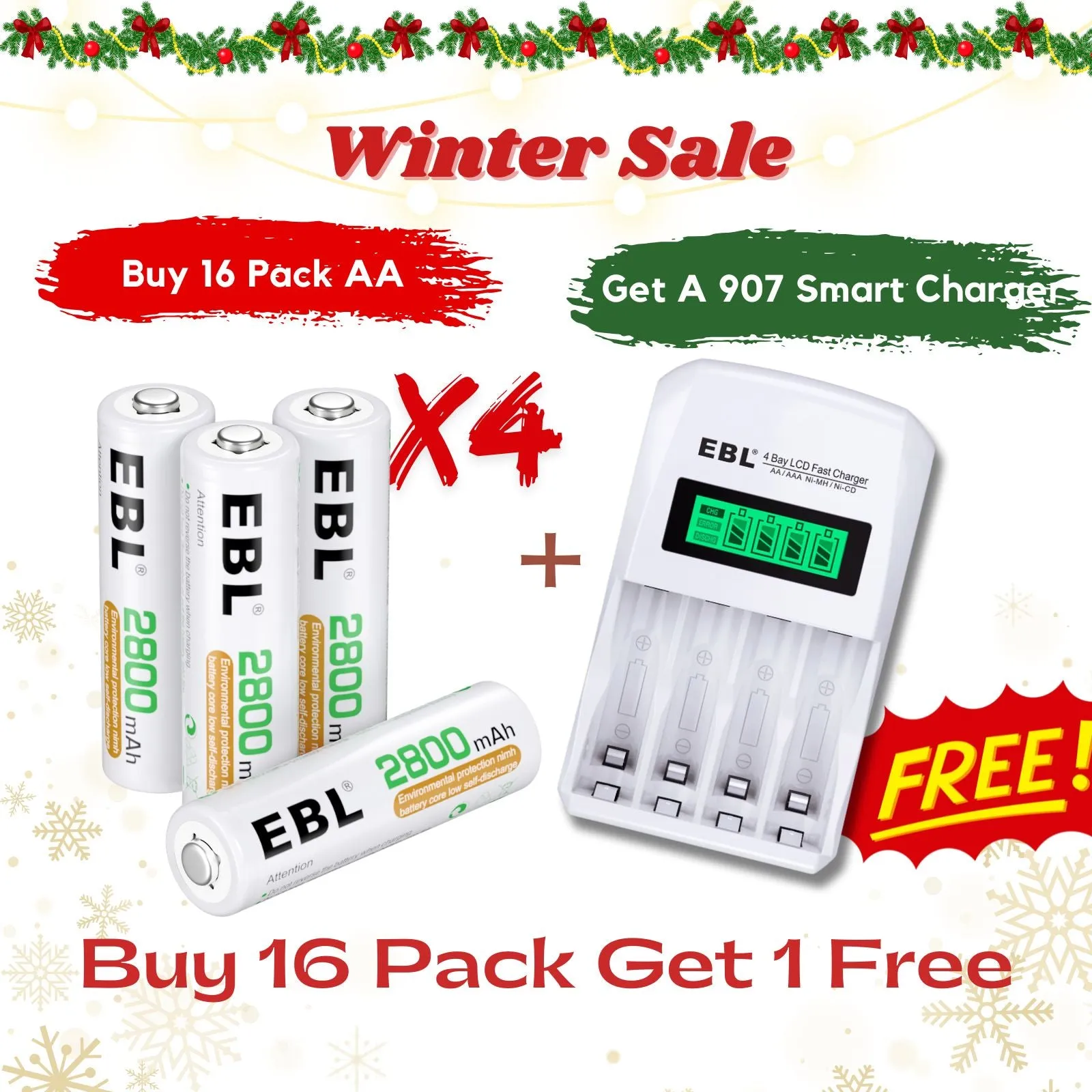 【Winter Sale】EBL 16 Pack NIMH AA AAA Rechargeable Batteries