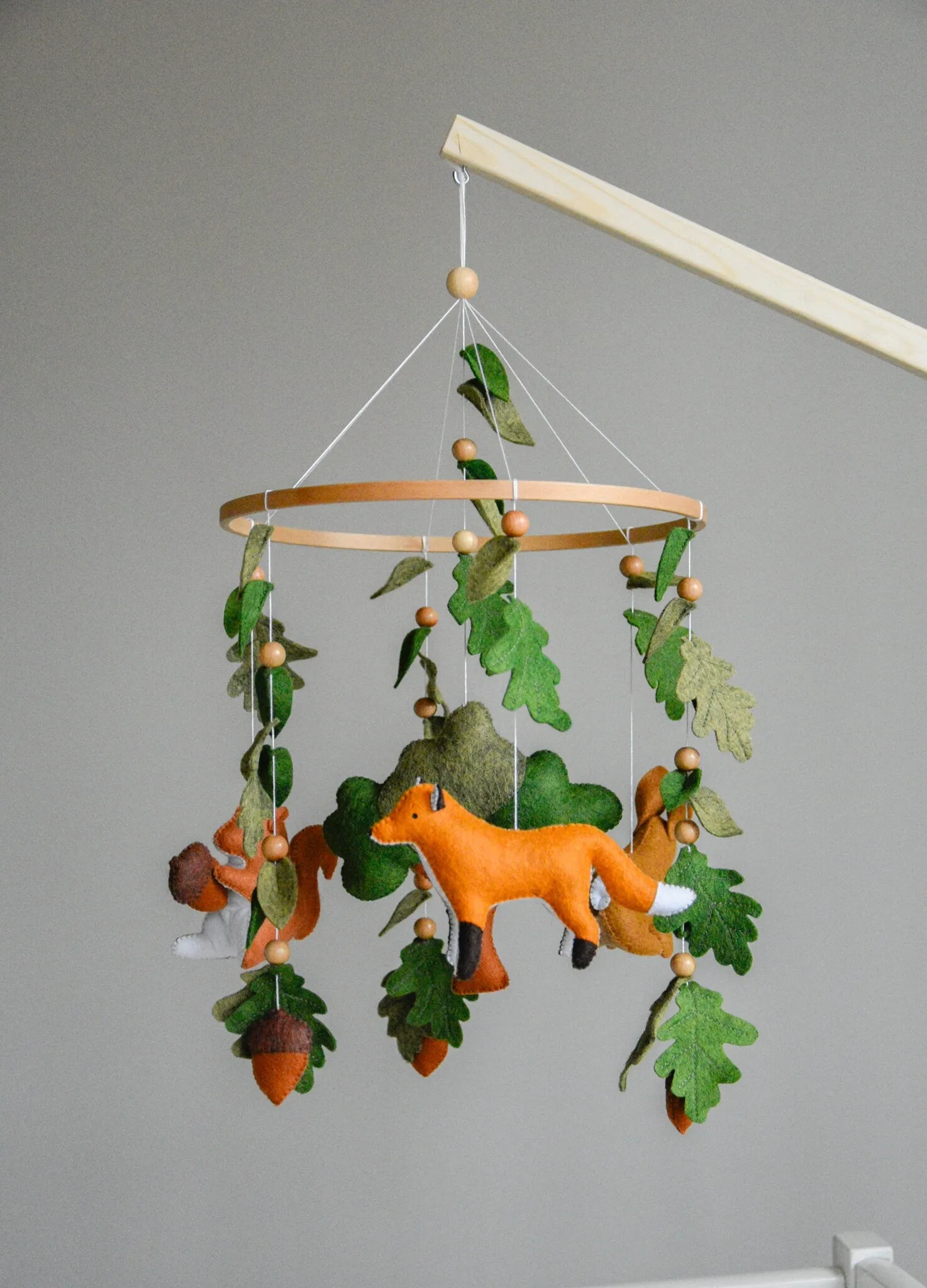 Woodland mobile with  fox, bunny, squirrel, willow and leaves