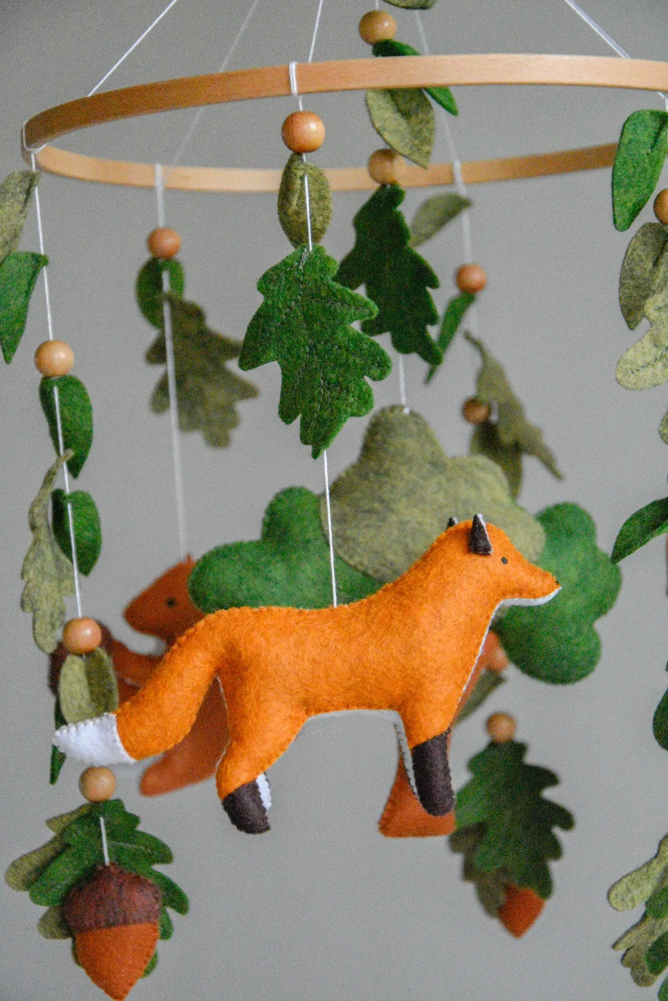 Woodland mobile with  fox, bunny, squirrel, willow and leaves